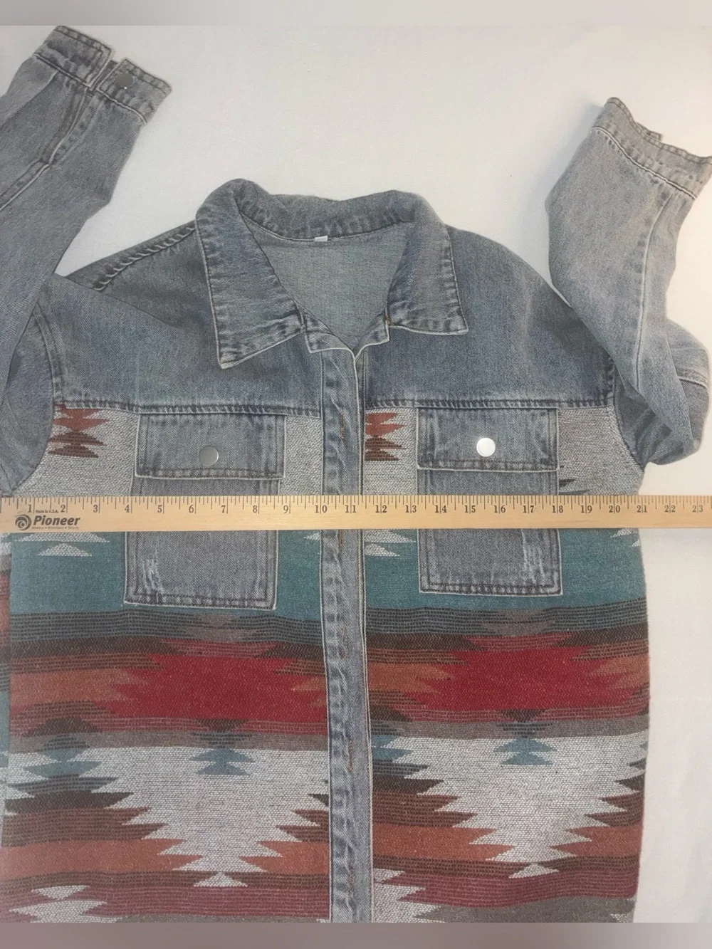 Oversized AztecDenim Shacket with Multicolor Southwestern Panel Sz S